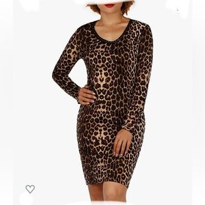 RAMISU  Long Sleeves Pencil Dress- Round Chain Neck Snakeskin Leopard Print Midi